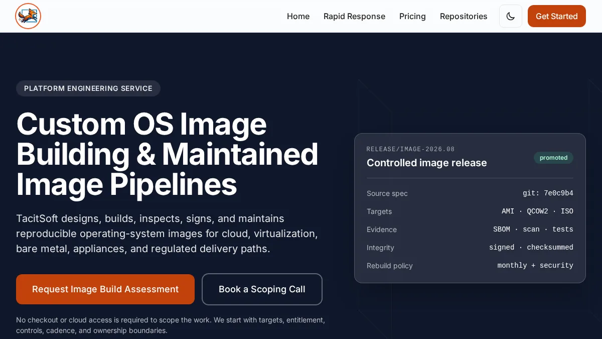 TacitSoft maintained OS image pipelines page showing a controlled image release evidence panel.
