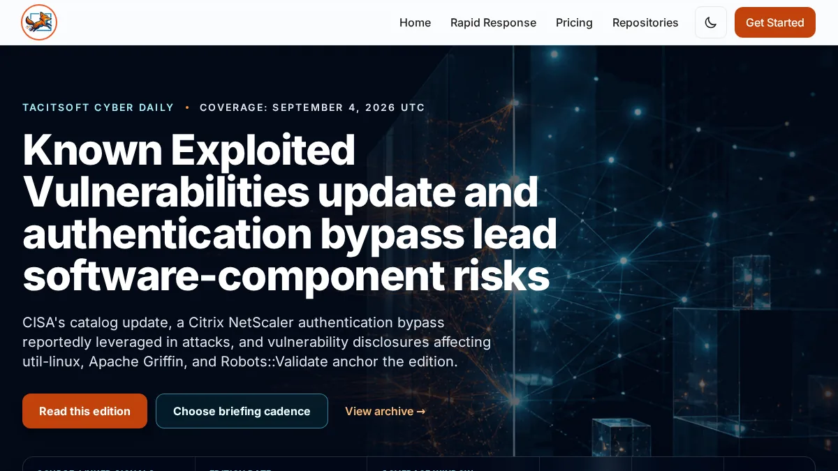 TacitSoft Cyber Daily edition page with a source-bound security briefing.