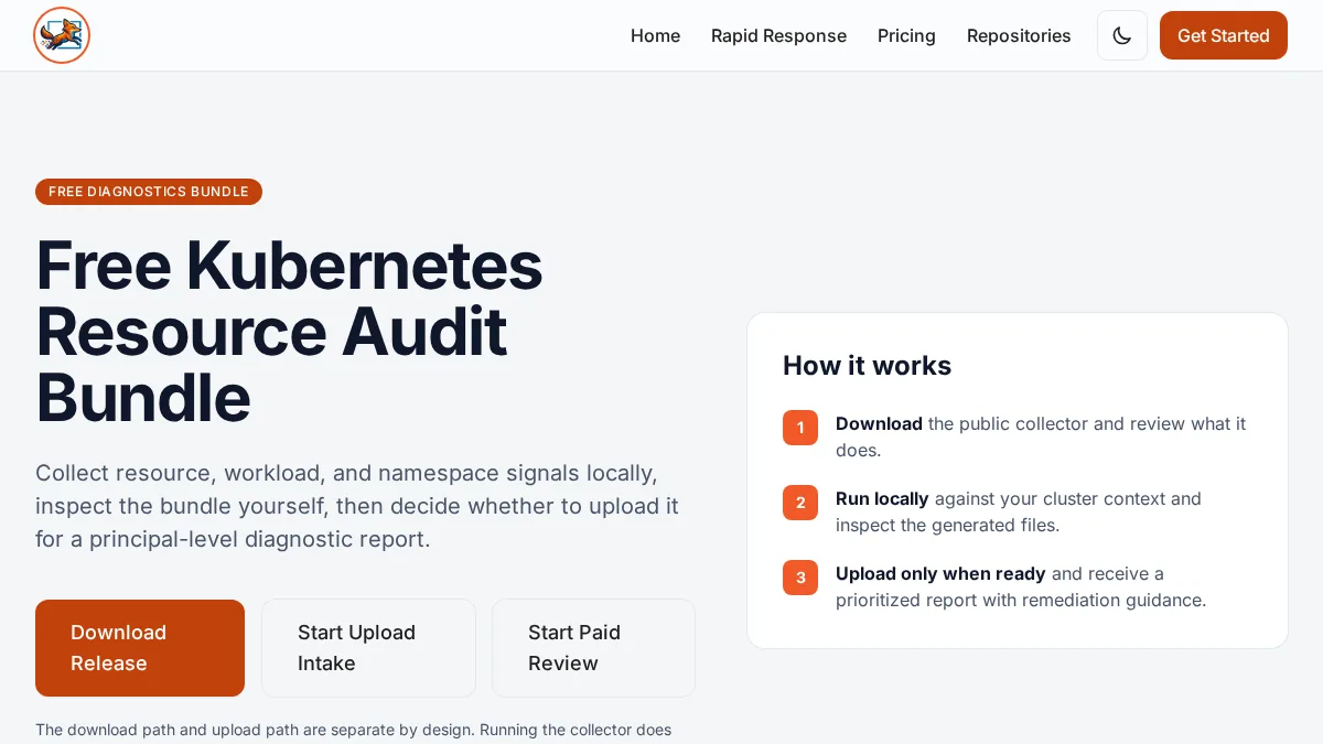 Kubernetes resource audit page explaining local collection, inspection, and controlled upload.