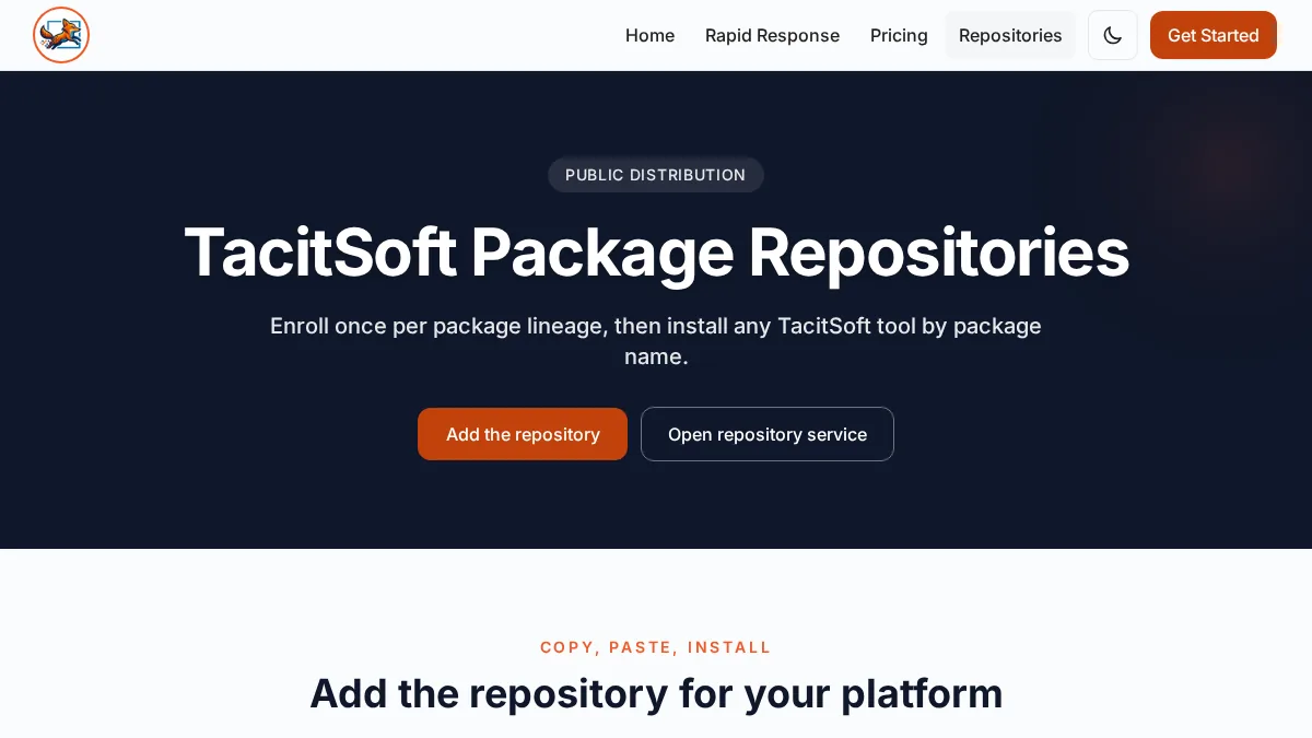 TacitSoft package repositories page with repository enrollment actions.