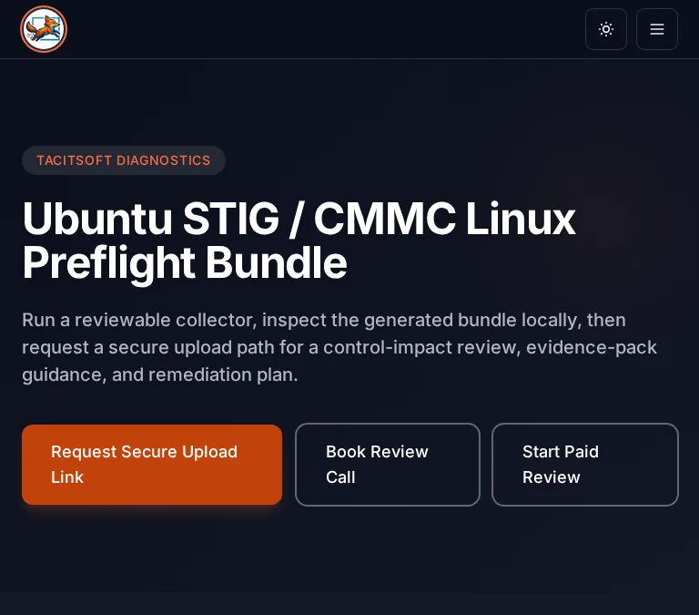 Ubuntu STIG and CMMC Linux preflight bundle page with local review and secure upload actions.